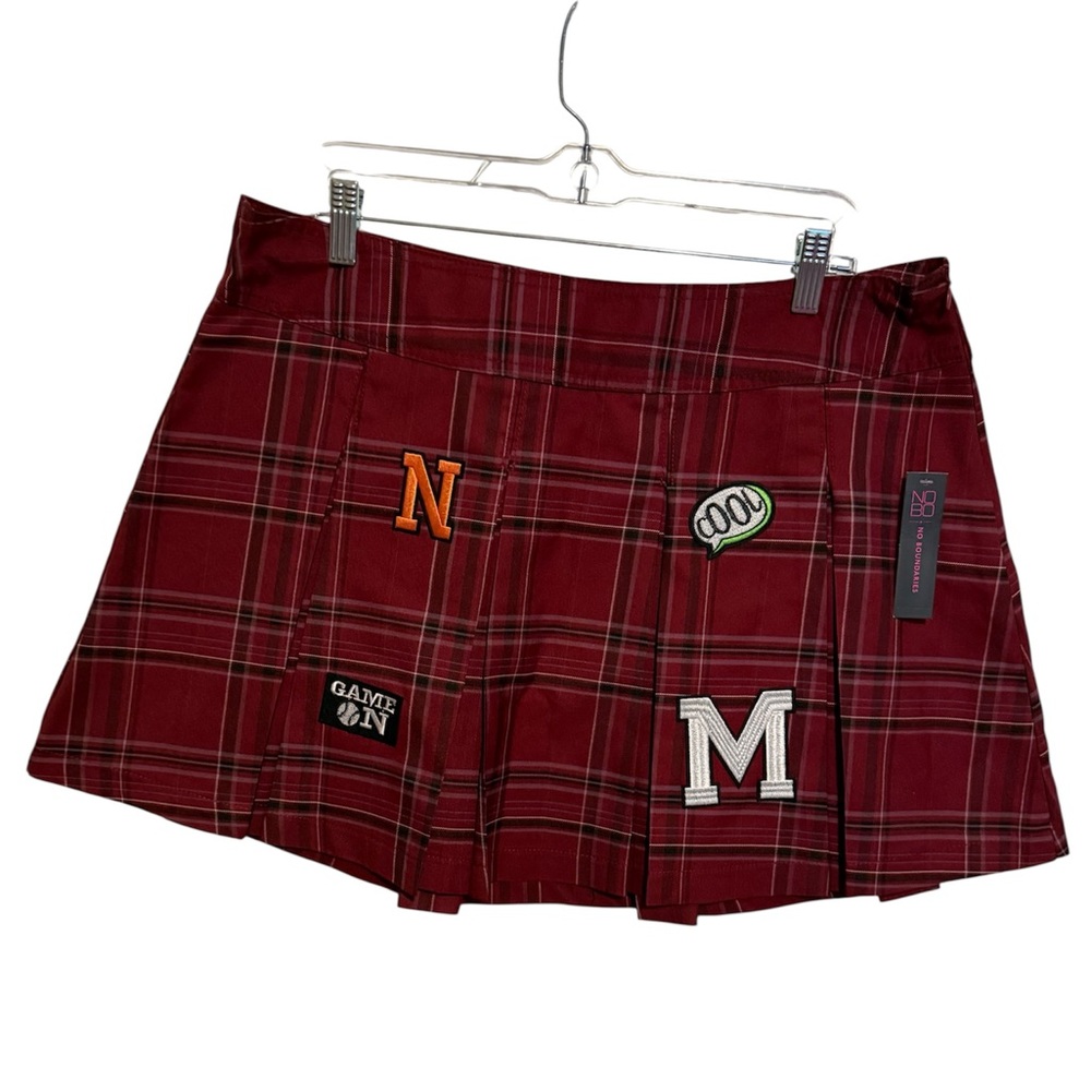 No Boundaries Red Plaid Skirt with Fun Patches